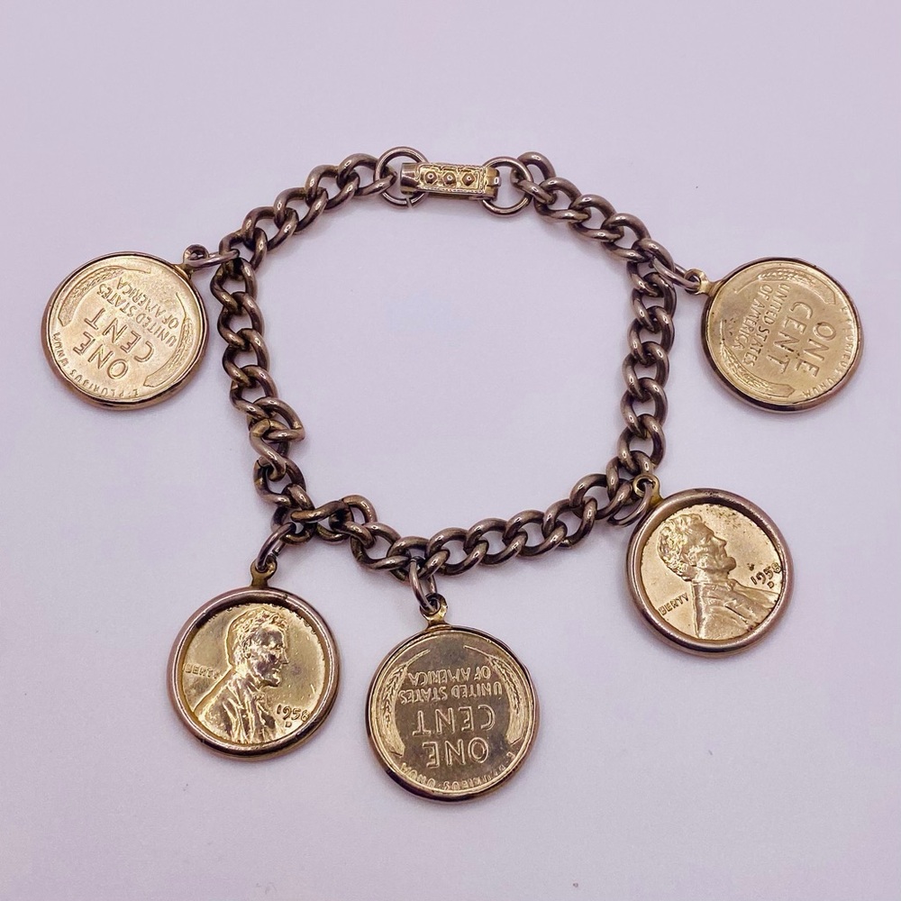 Vintage Lincoln Wheat Penny Charm Bracelet – 1958 | Goldtone Curb Chain